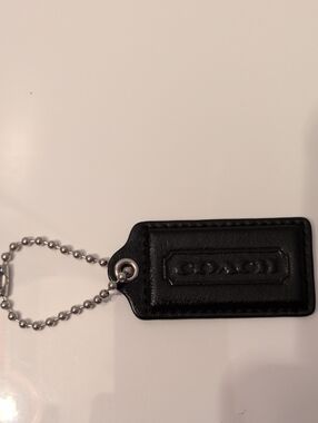Coach Black Leather Embossed Tag Keychain with Silver Chain
